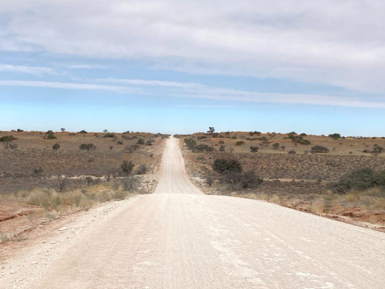 Exiting the Trans-frontier park near Mata Mata campsite, right into Namibia and nothing ahead but empty road