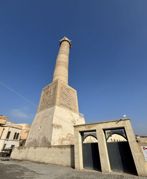 Nouri Mosque, also called 'the hunchback' for it's leaning minaret. Destroyed in the battle of Mosul, reconstructed in 2025 - complete with the hunchbacked minaret