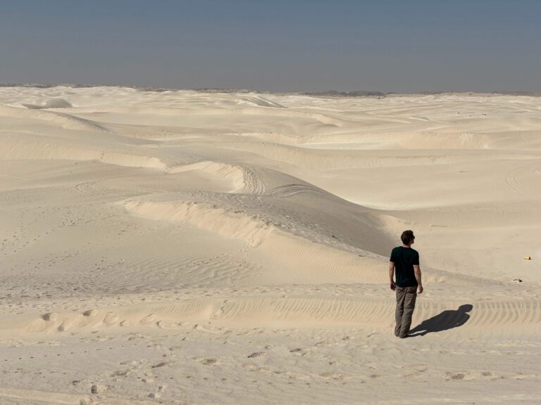 The Sugar Dunes: pure white sand stretching away in waves from the beach